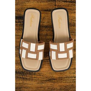 SHEWIN BEIGE CONTRAST PU LEATHER SQUARE TOE SLIDE SHOES